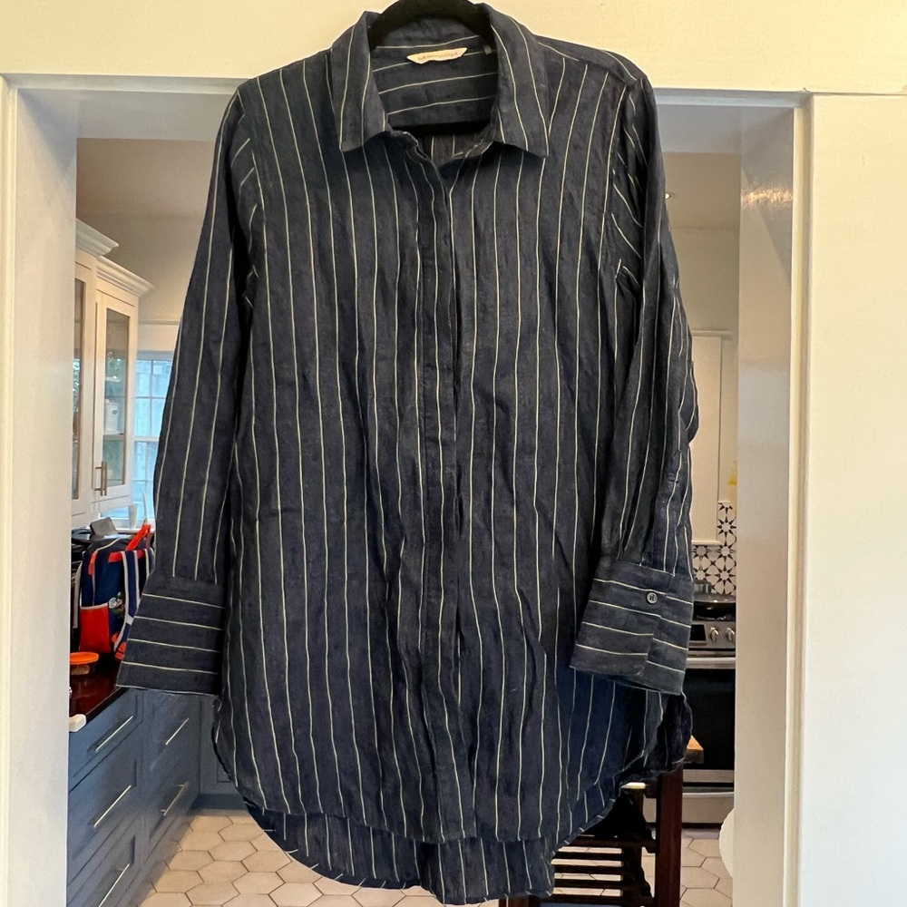 Soft Surroundings Navy Striped Button-Down Shirt Dress